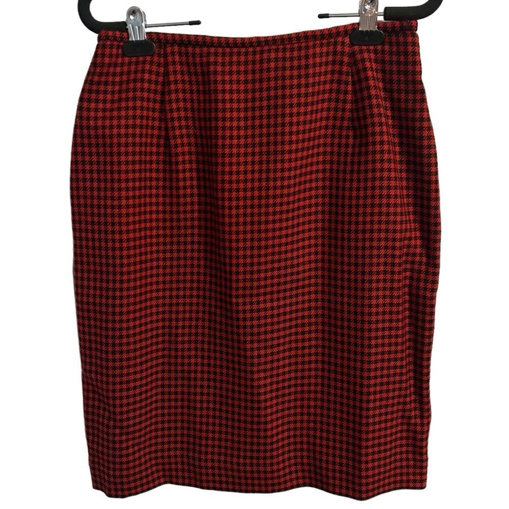 Jones New York Vintage Red and Black Houndstooth Wool Midi Skirt Size 10